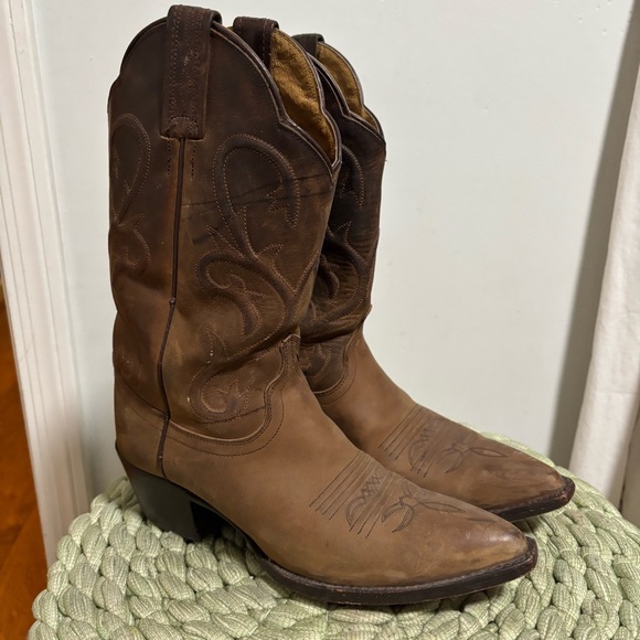 Dan Post Rustic Matte Brown Leather Scalloped Hem Snip Toe Pull On Cowgirl Boots - Picture 3 of 11
